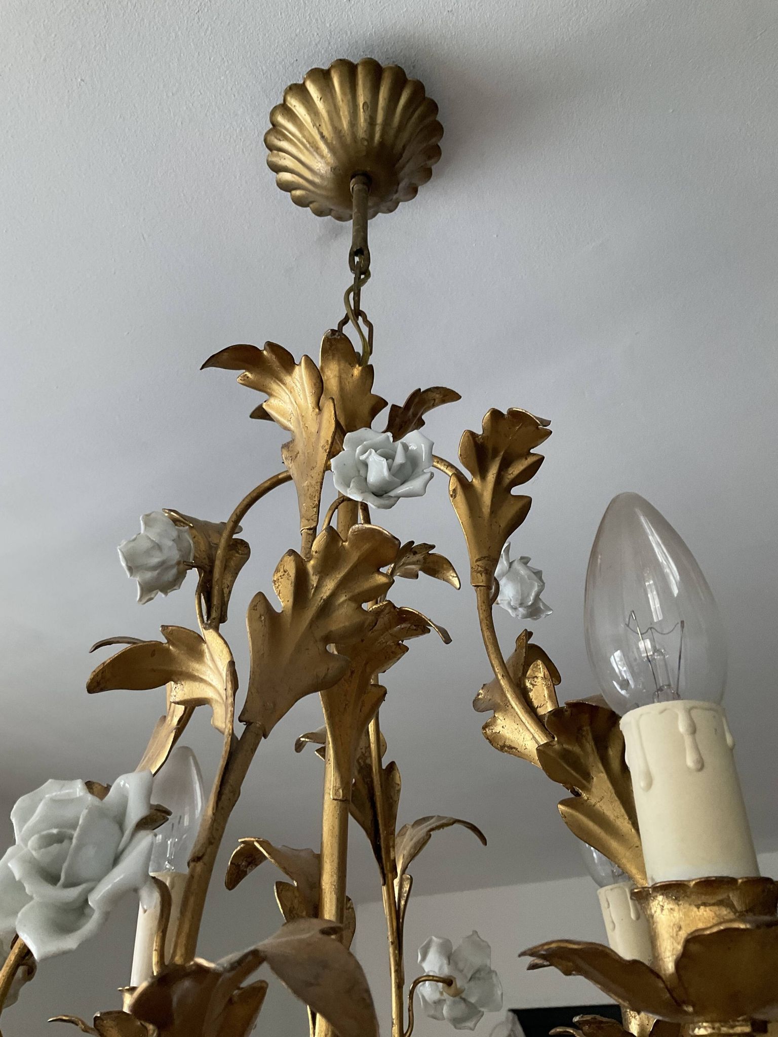 Italian cage chandelier golden leaves and porcelain flowers