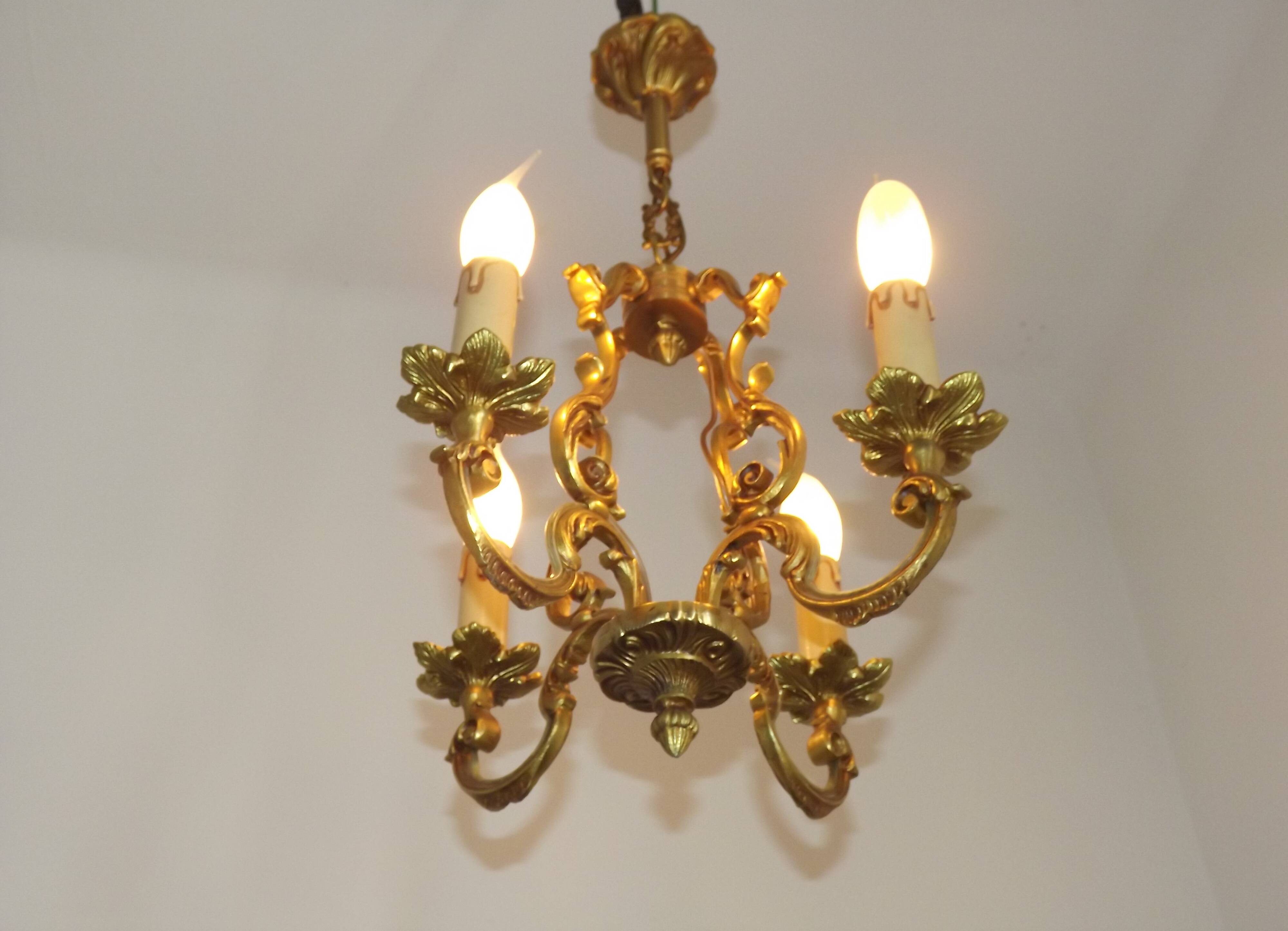 French Vintage Bronze Art Nouveau Style 4 Light 4 Sided Cage Chandelier