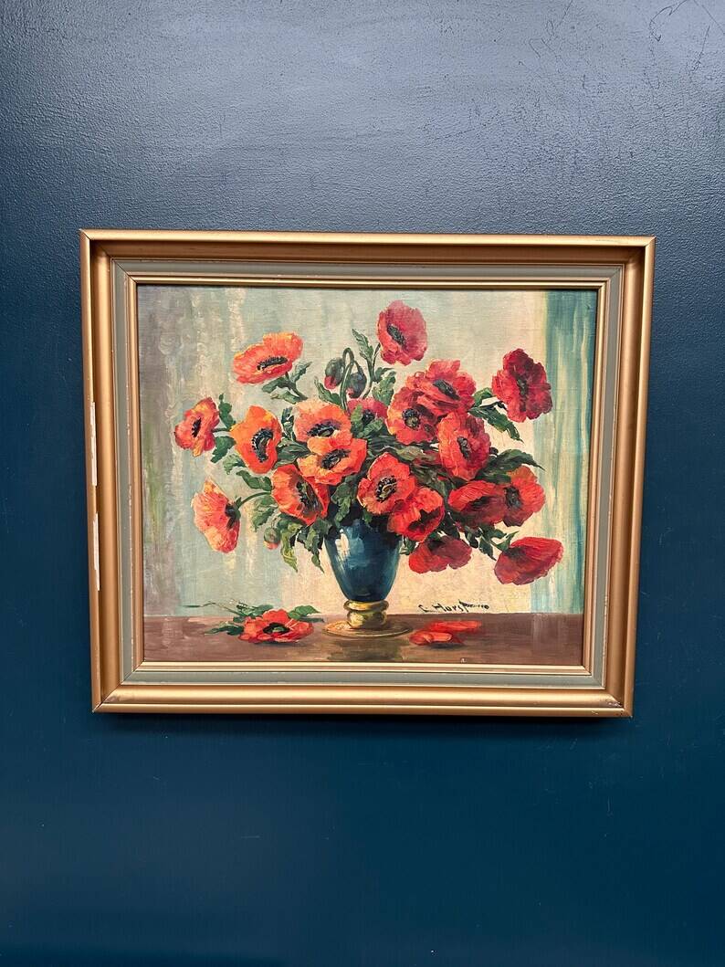 Original Swedish Oil on Canvas – "Red Poppies in a Blue Vase" by C. Horst – Signed – Vintage and Framed – 72 × 62 cm (28.3" × 24.4")