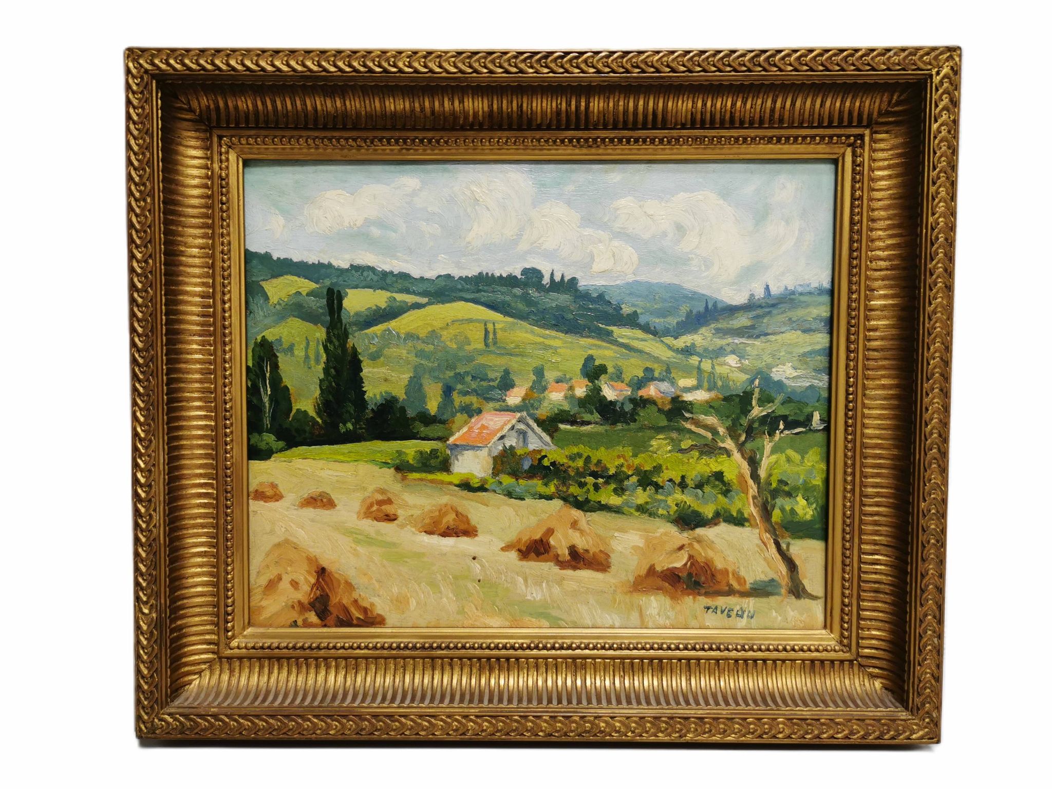Painting / Oil signed TAVEAU. Countryside landscape, hills. Golden frame