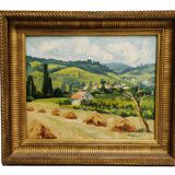 Tableau / Huile signée TAVEAU . Paysage champêtre , les collines . Cadre doré