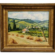 Painting / Oil signed TAVEAU. Countryside landscape, hills. Golden frame
