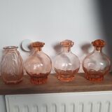Set of 3 pots and a vintage pink glass vase ht 13.5cm diam 8cm