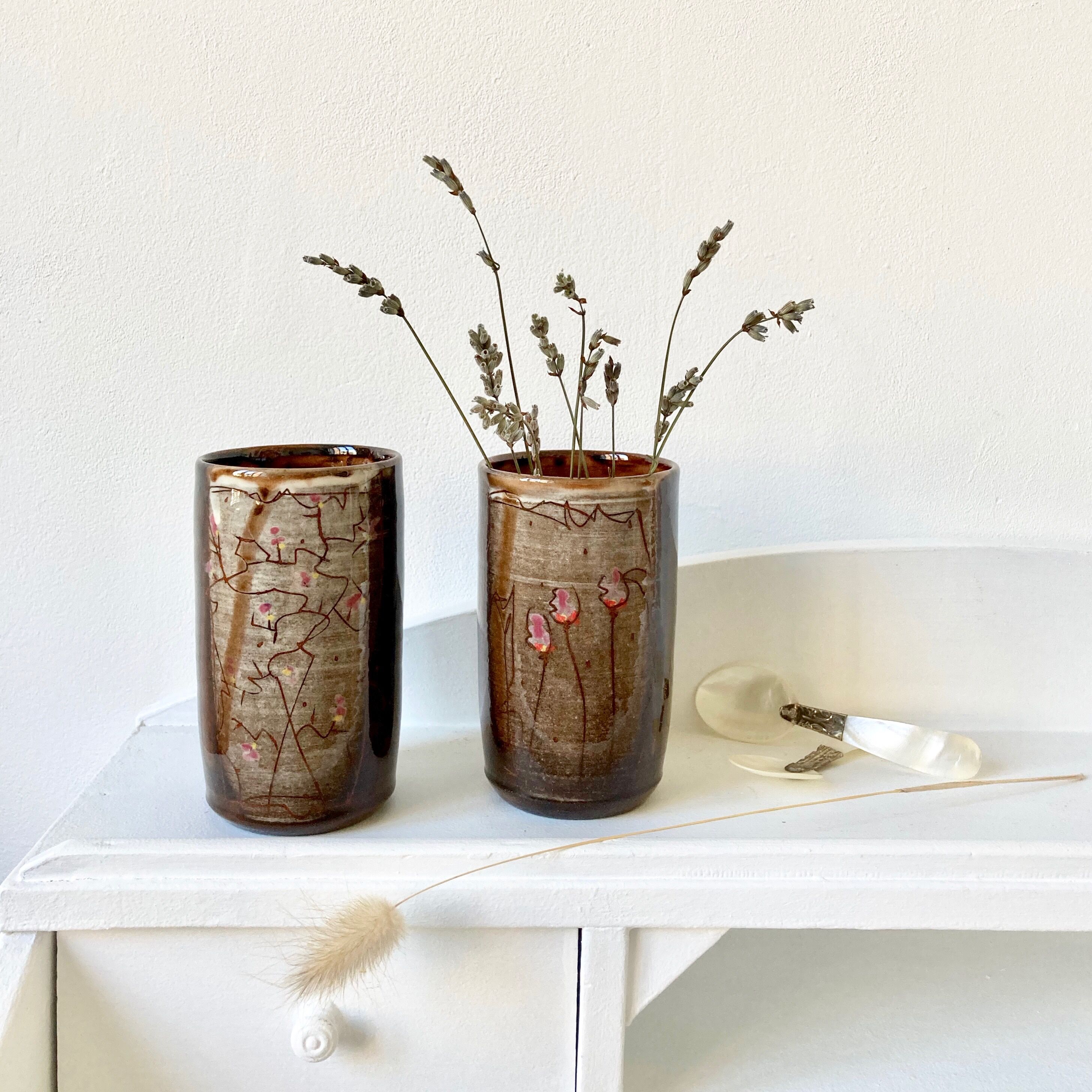 Pair of enamelled stoneware mazagran cups