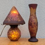 Signed lamp and vase, Tip Gallé – Acid-etched glass – Art Nouveau