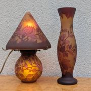 Signed lamp and vase, Tip Gallé – Acid-etched glass – Art Nouveau