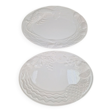Vintage White Majolica with Relief Seafood Fruit Serving Bowls from A. Santos Portugal, 1970s, Set of 2