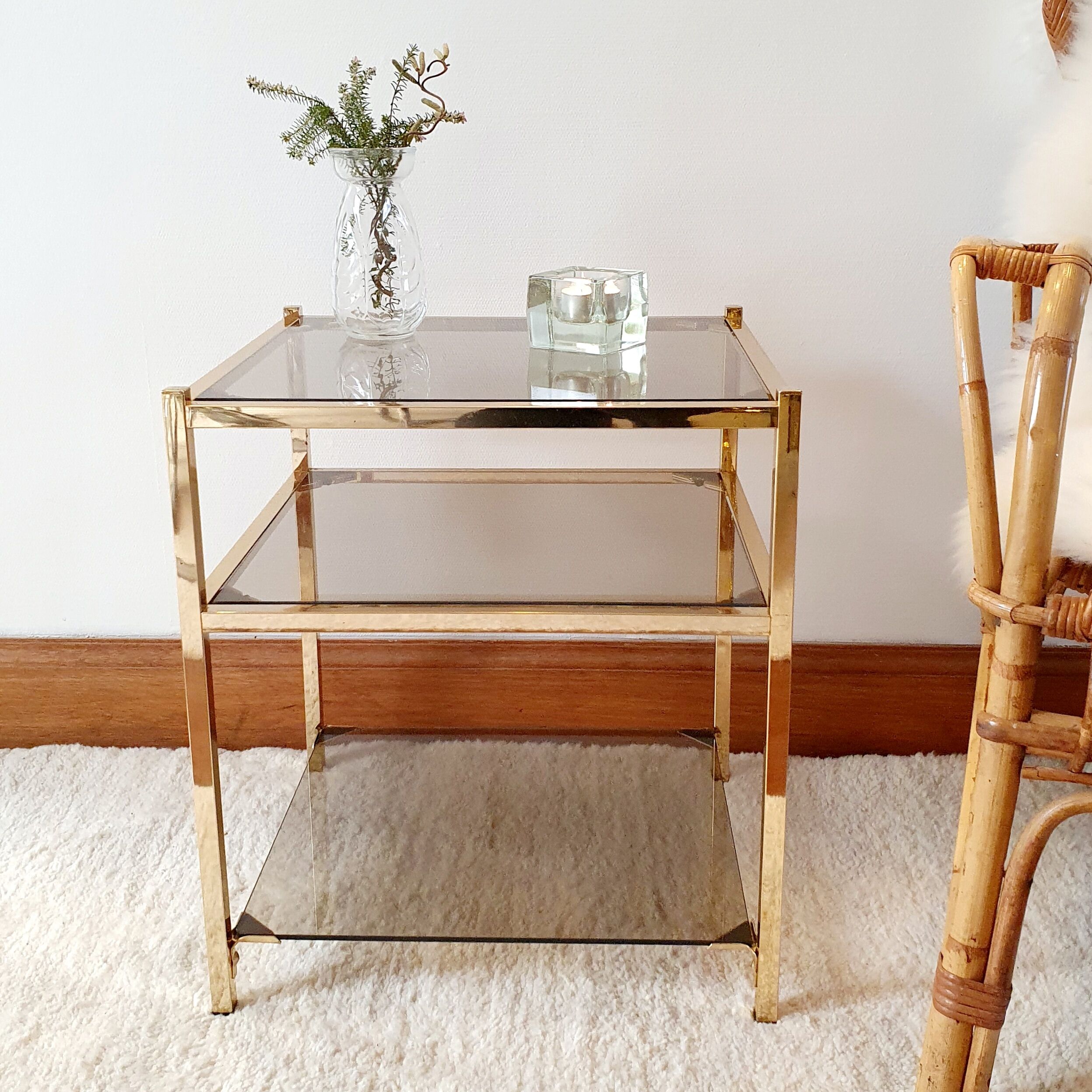 Side table gilded metal and smoked glass