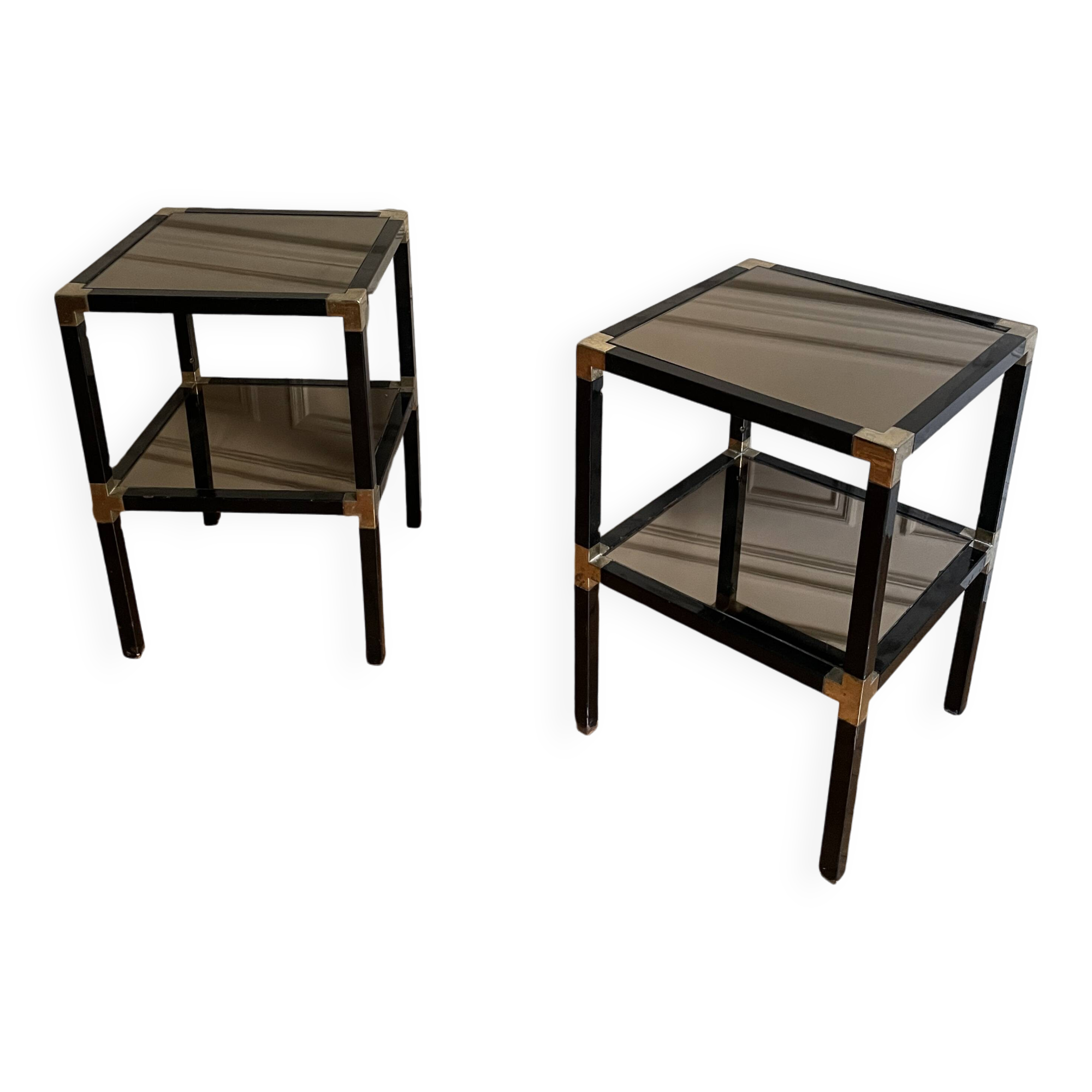 Pair of vintage metal and smoked glass side tables