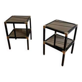 Paire de bouts de canapé vintage métal et verre fumé