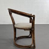 Round Oak Dining Table and Rattan Armchairs, Set of 5