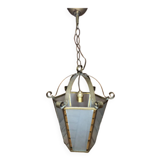 Old brass lantern pendant light + vintage polished glass plates #a551