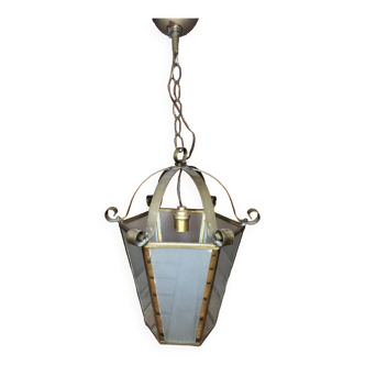 Ancienne suspension lanterne laiton + plaques verre poli vintage #a551