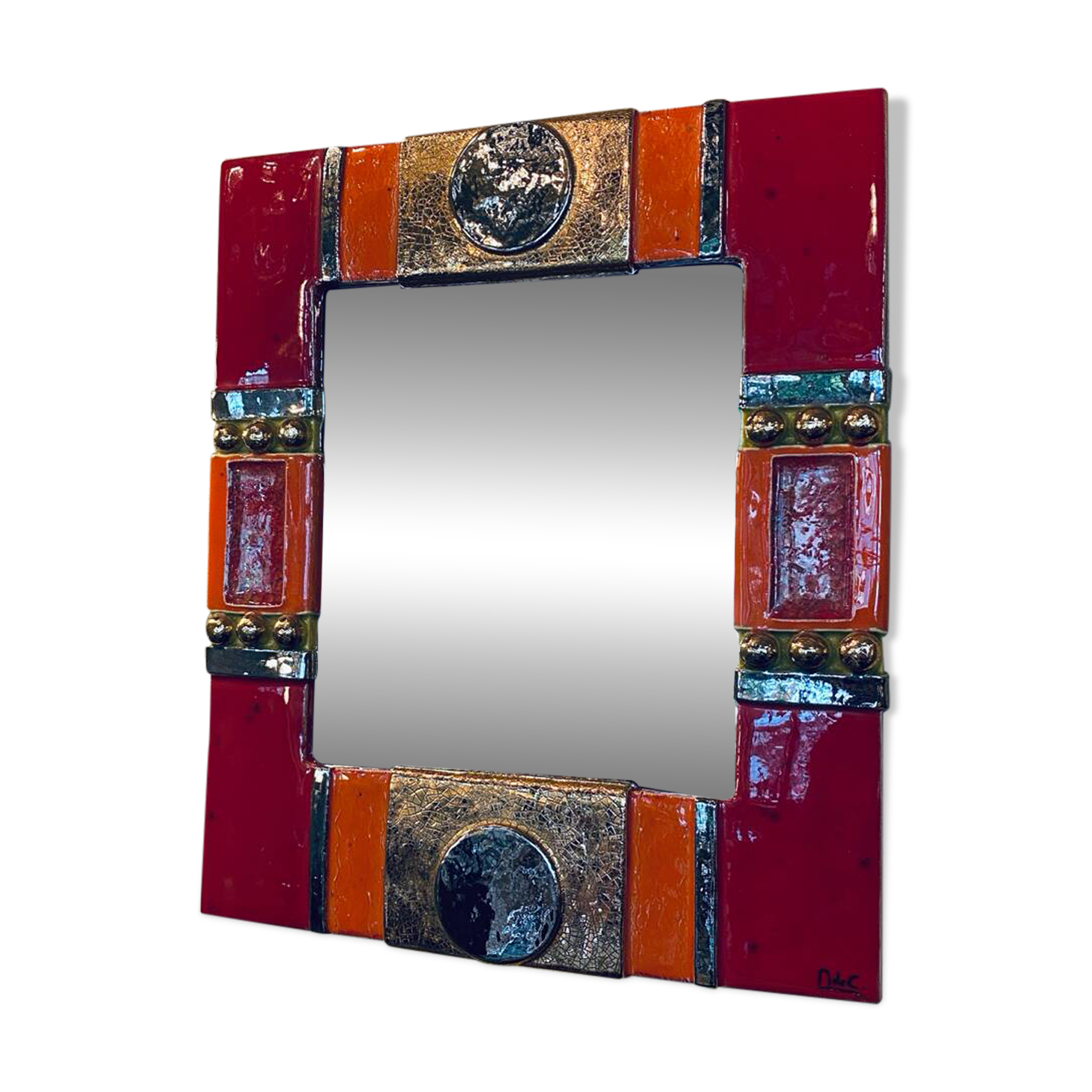 Red and gold glazed ceramic mirror, Marion de Crécy (Mithé workshop)