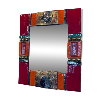 Red and gold glazed ceramic mirror, Marion de Crécy (Mithé workshop)