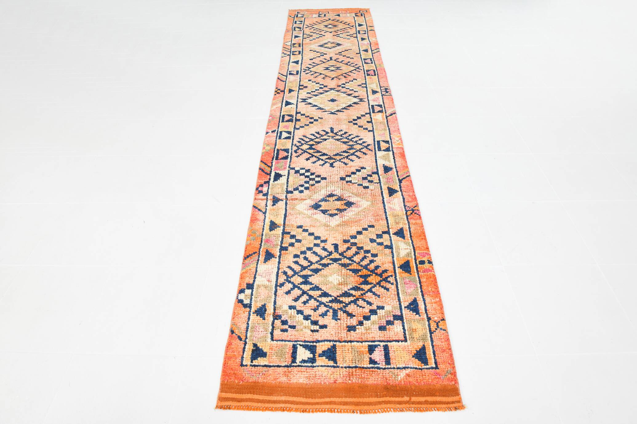 Navy Blue & Orange Vintage Runner Rug, 79x395Cm