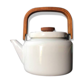 Bouilloire scandinave émaillée blanc et teck