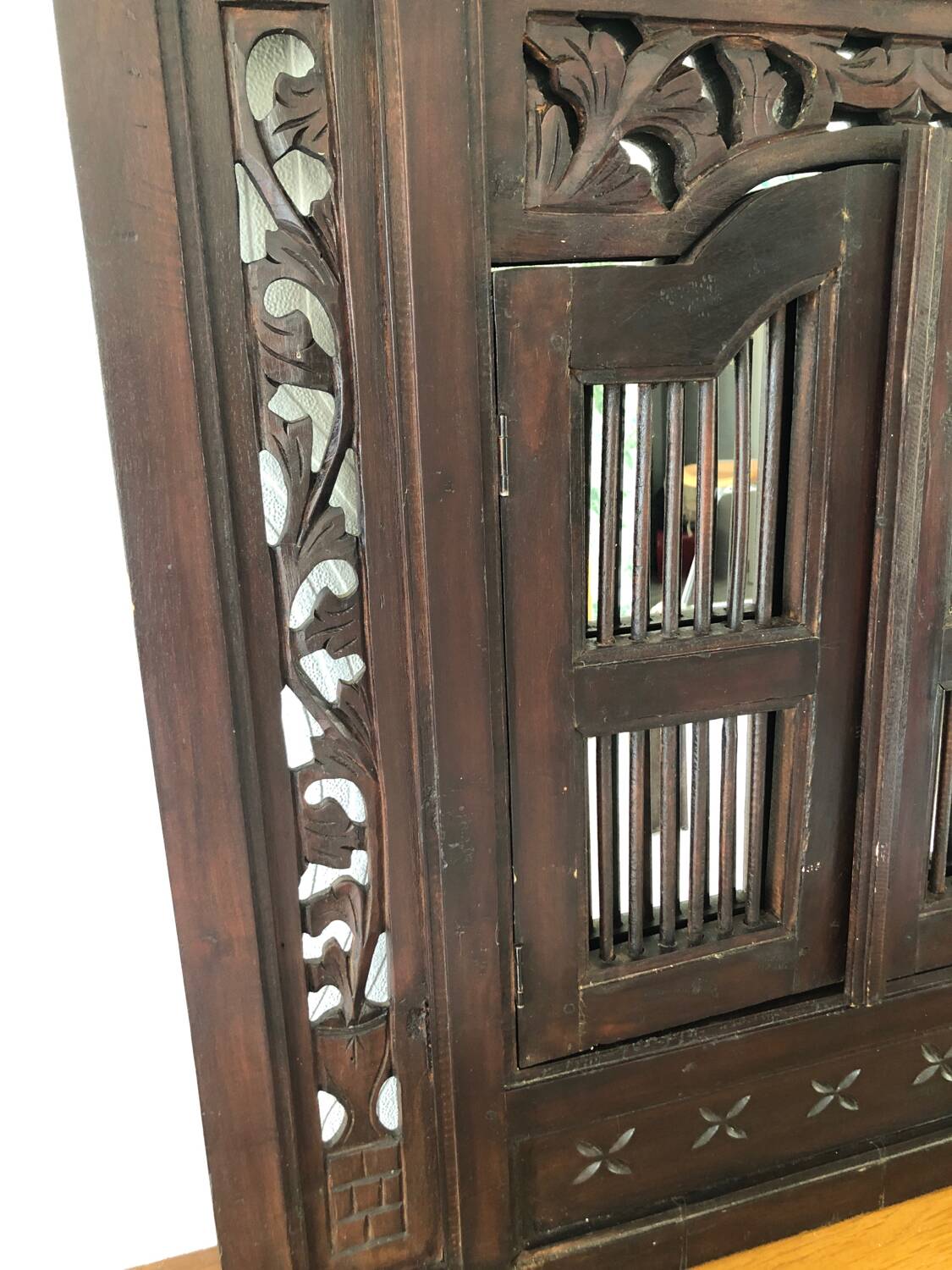 Vintage Indonesian teak shuttered mirror