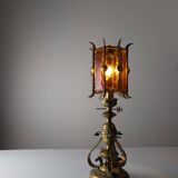 Large Longobard Gilded Metal and Red Hammered Glass Table Lamp