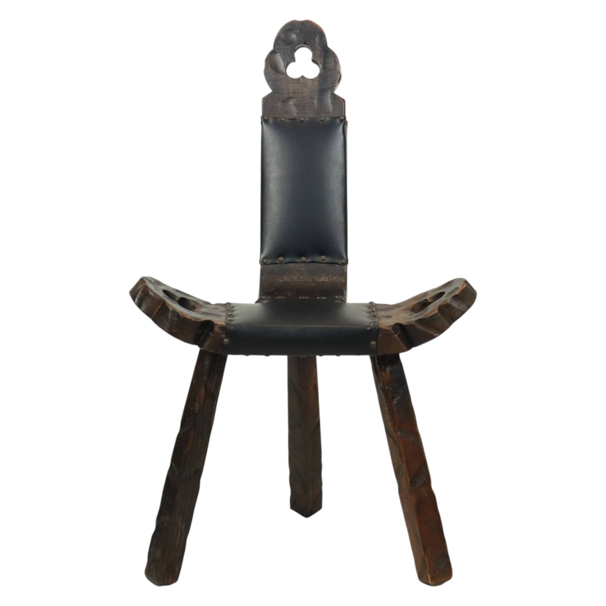 Mid Century Brutalist Tripod Chair Pine Faux Leather Spain