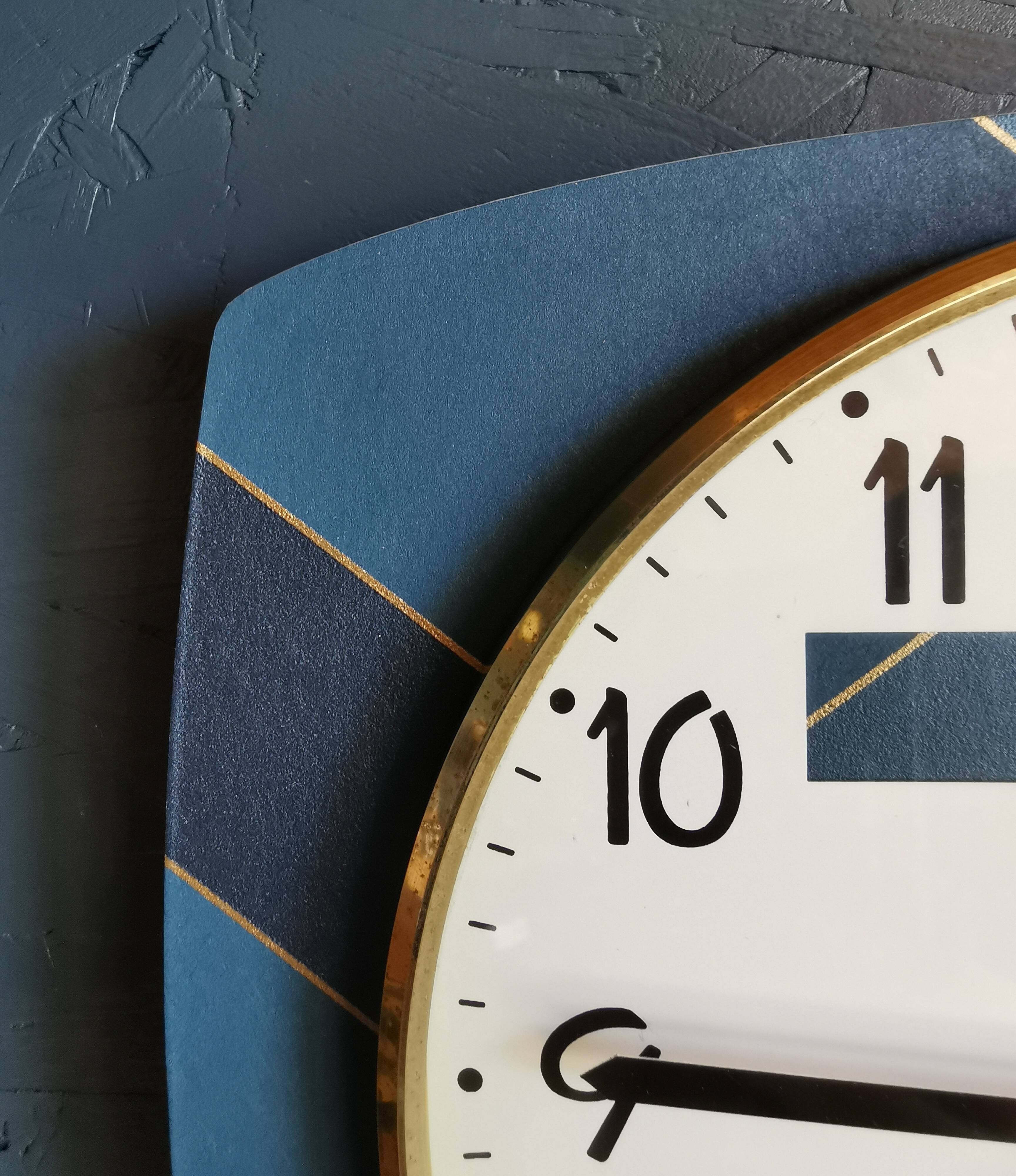 Vintage formica clock rectangular silent wall clock "Jaz golden blue"