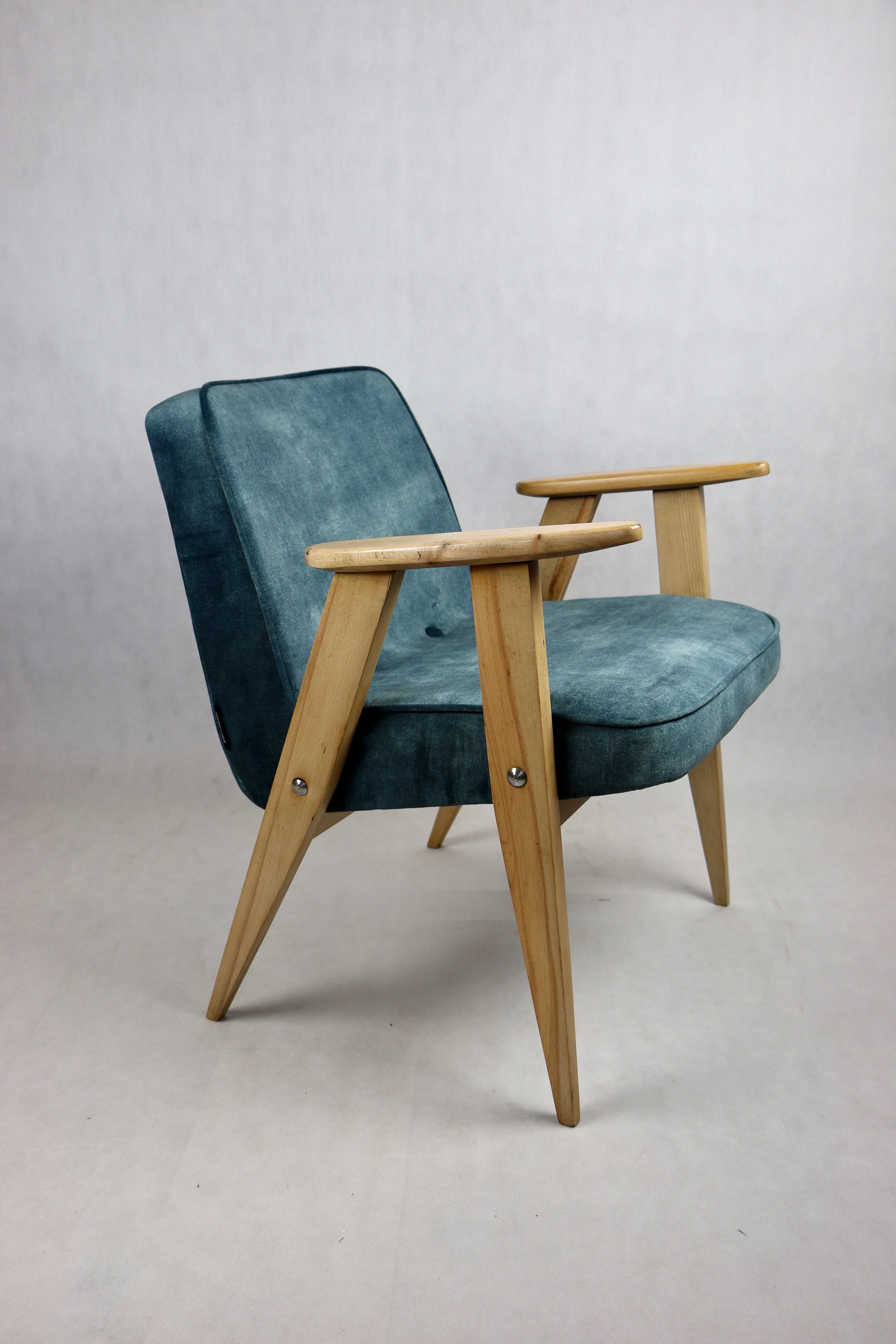 Light blue macau velvet 366 lounge chair by Józef Chierowski, 1970s