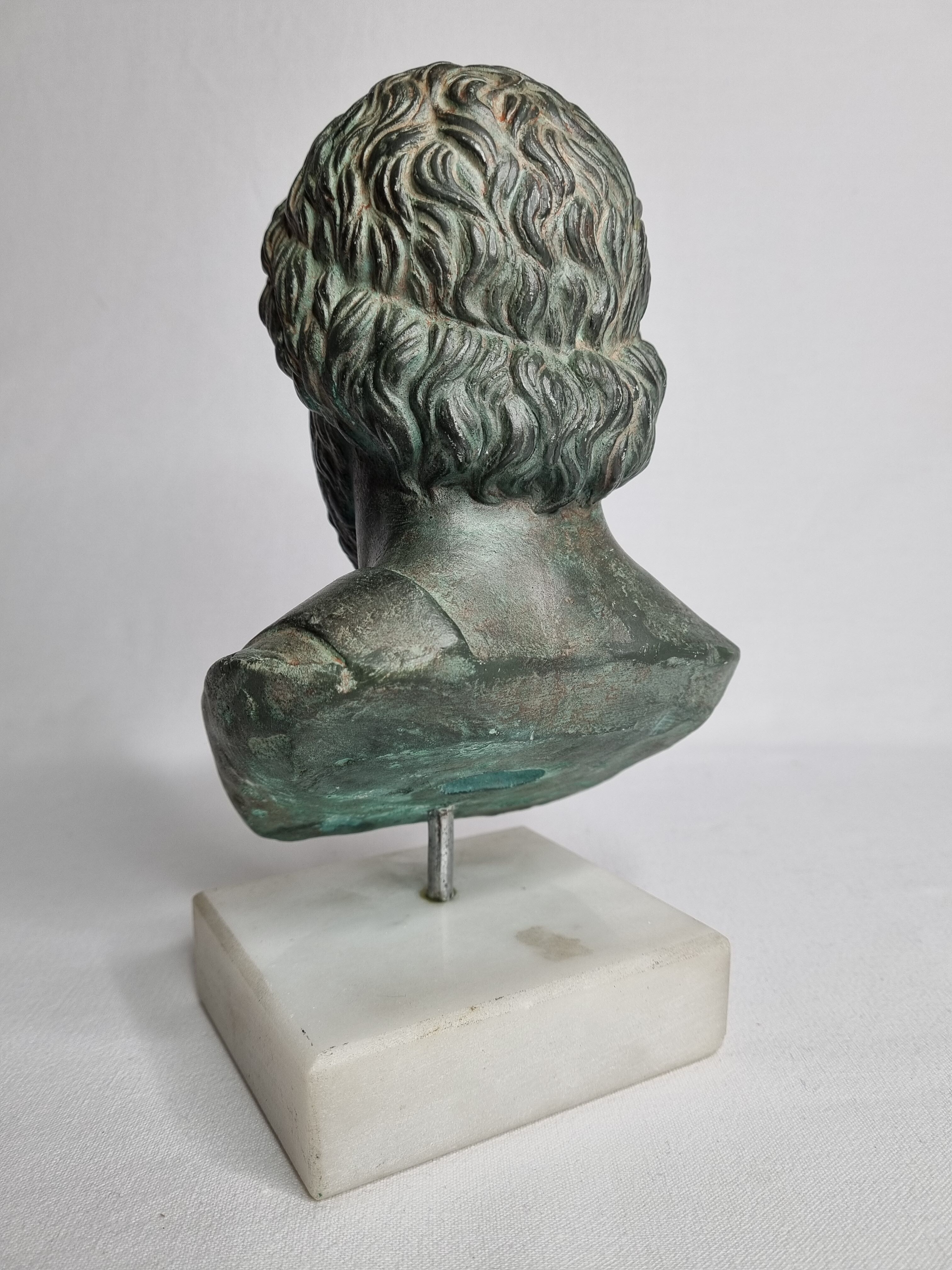 Bust of Esculape in patinated plaster on marble base, 21 cm