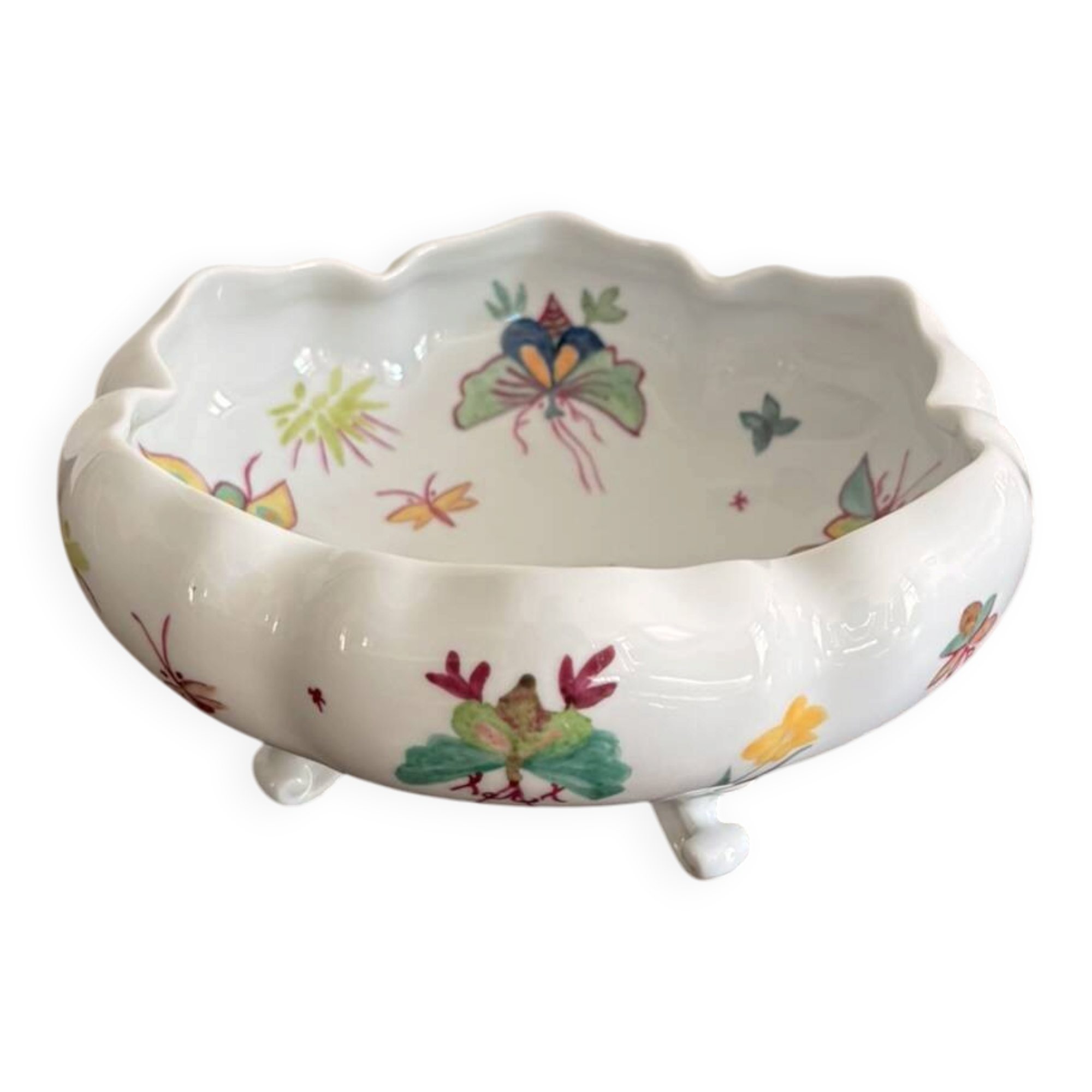 Old Tripod Pocket Bowl Limoges Floral Butterfly Decor Porcelain