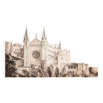 DRAWING OF THE CATHEDRAL OF MALLORCA. CHART. PAINTING OF MALLORCA. MALLORCA DRAWING.