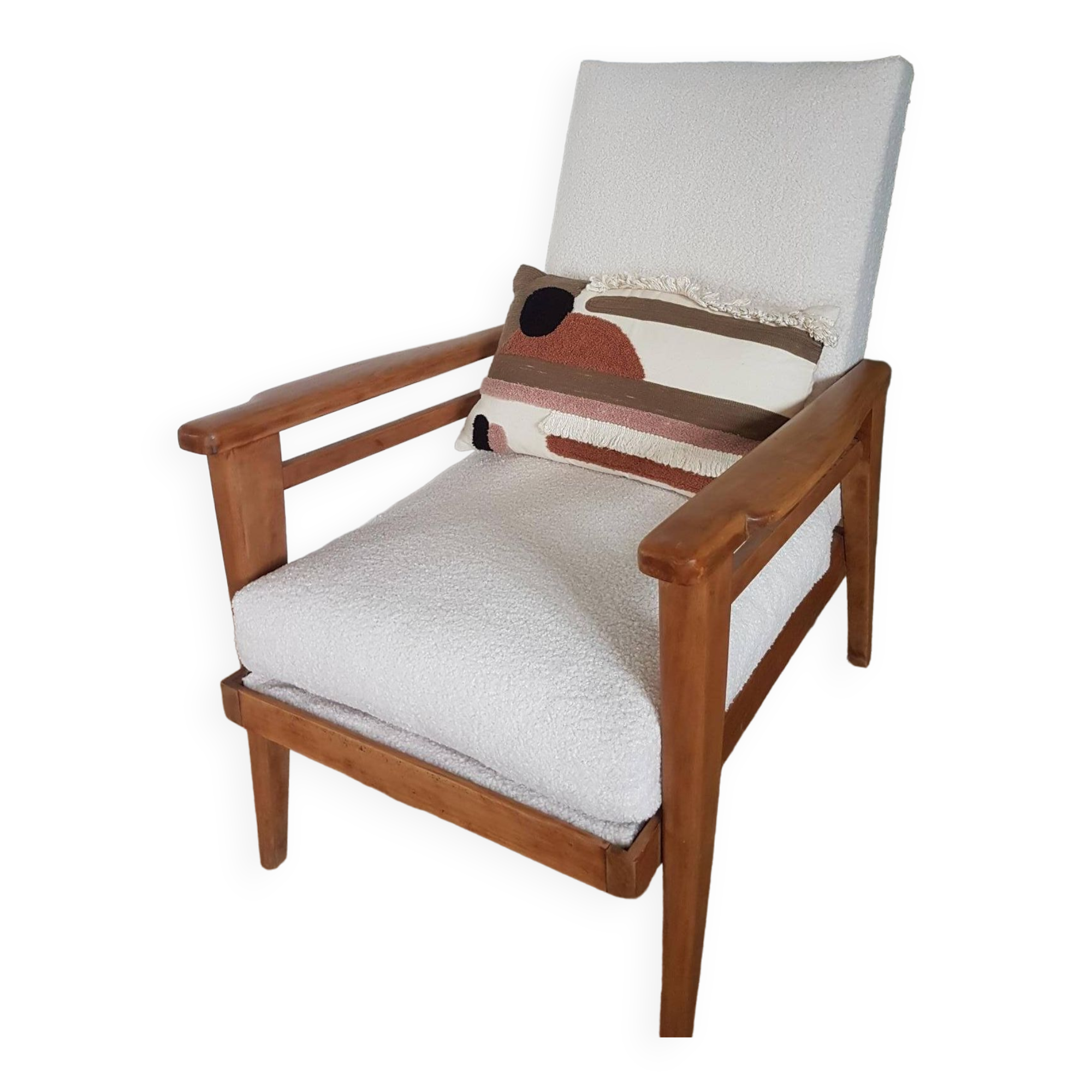 Fauteuil type scandinave en bois massif, retapissé