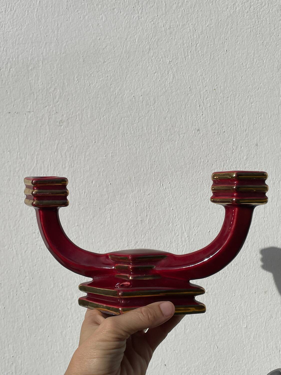 Art Deco burgundy red ceramic candlestick