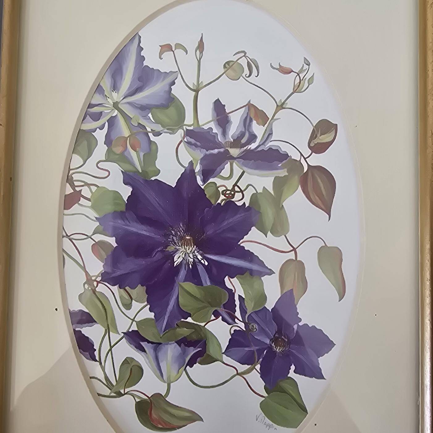 Set of 2 gilded frames under glass – V. Mappin purple flowers – 21.5 x 16.5 cm