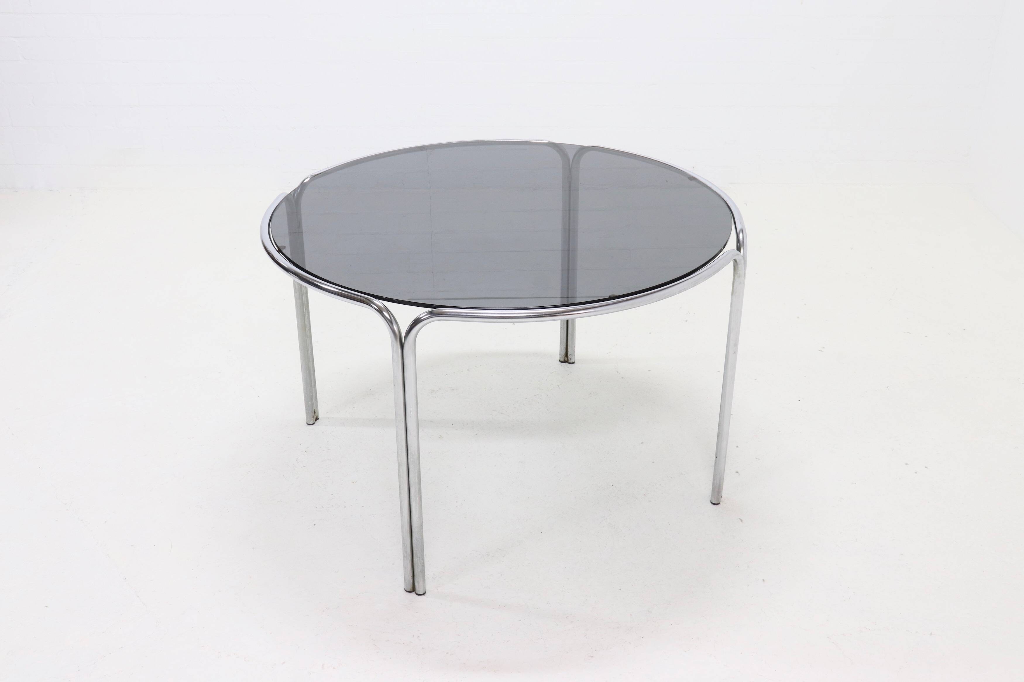 Italian Modern Chrome and Smoked Glass Round Dining Table 1970s