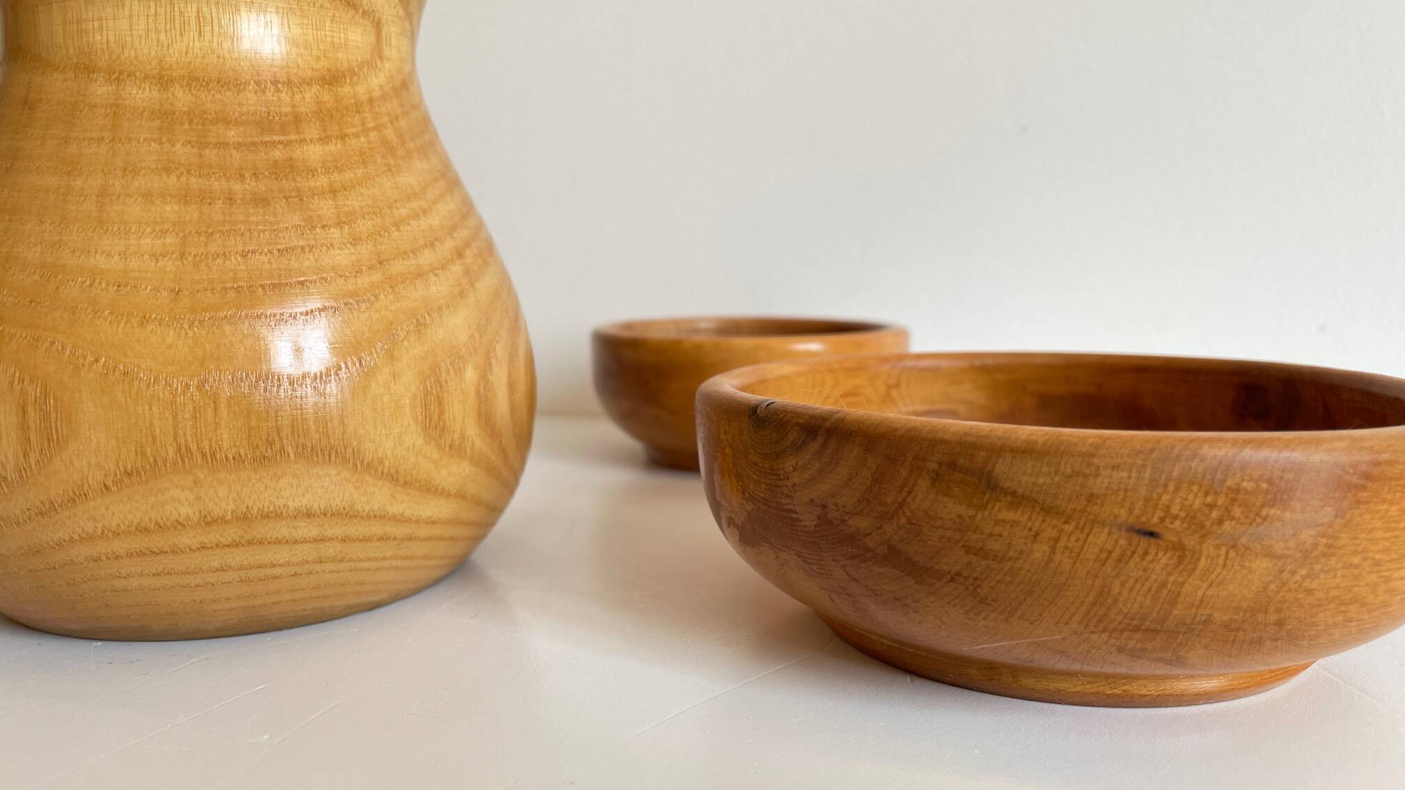 Vintage turned wood pitcher and 2 jars set