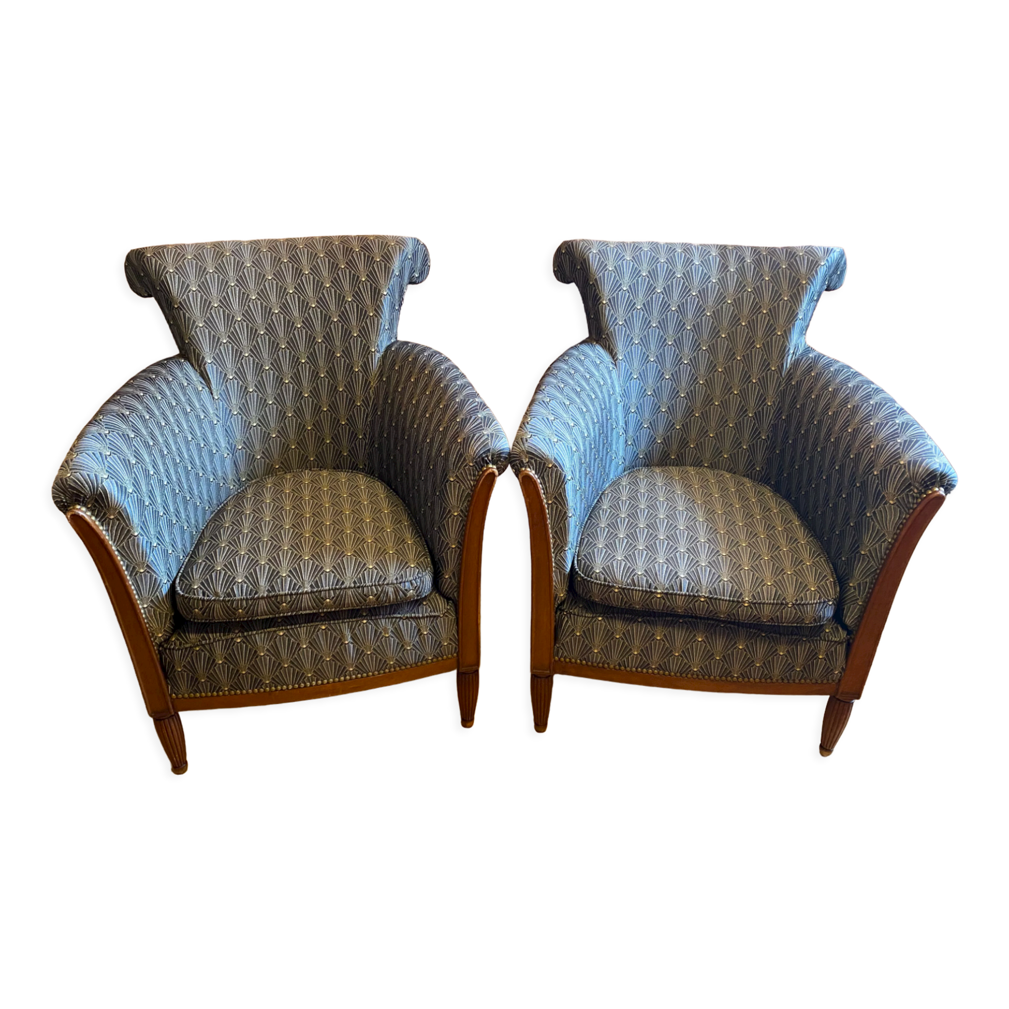 Pair of Art Deco style armchairs, refurbished. Upholstery fabric for armchairs.