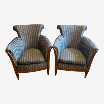 Paire de bergères de style Art déco, refaites à neuf. Tissu d'ameublement pour fauteuils.