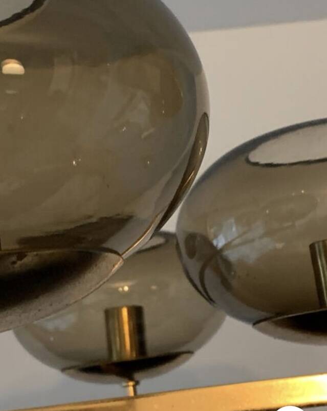 Italian brass chandelier with 6 grey smoked glass globes
