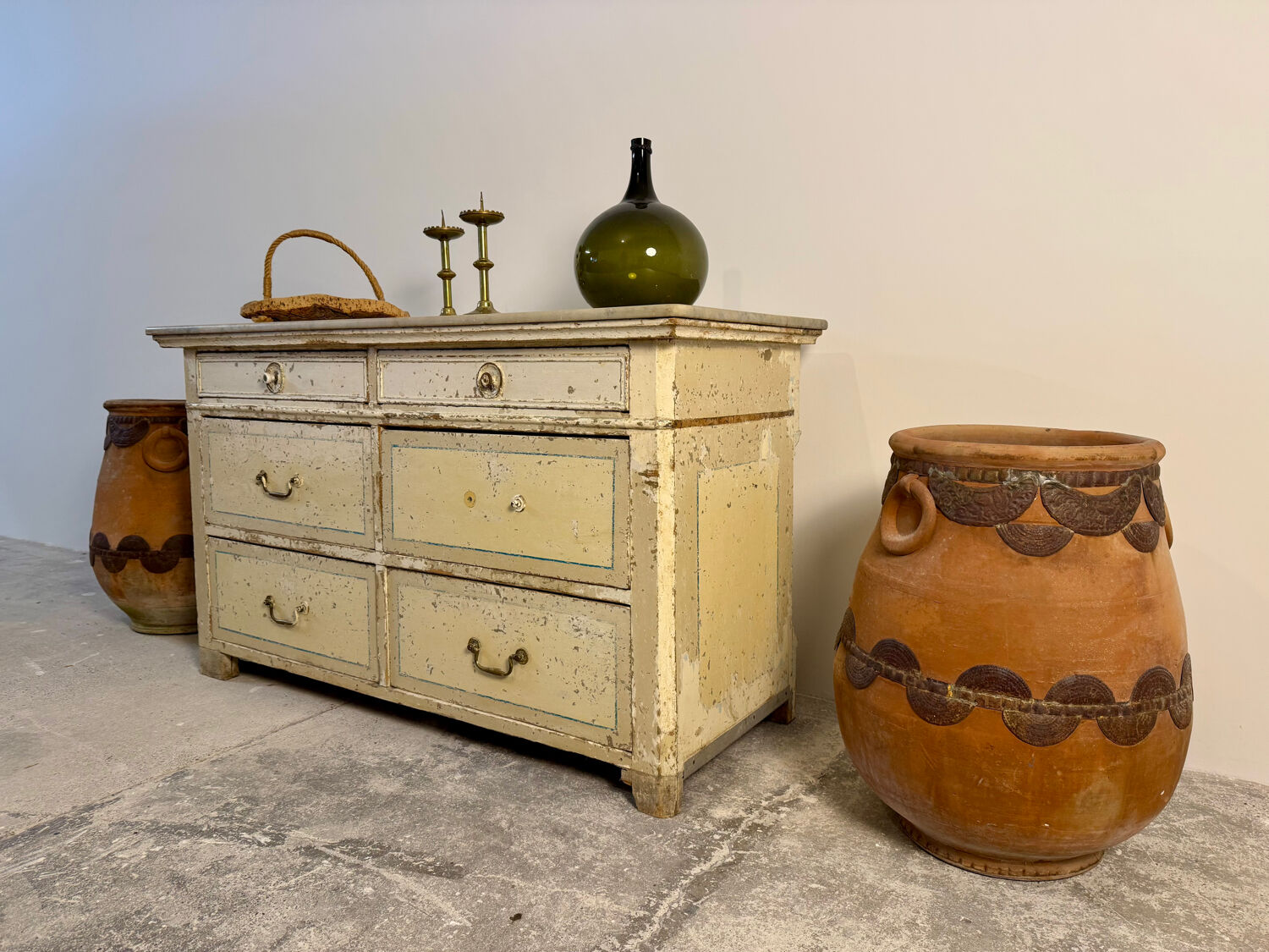 Double-sided shop counter furniture with 6 drawers, length 156 cm.