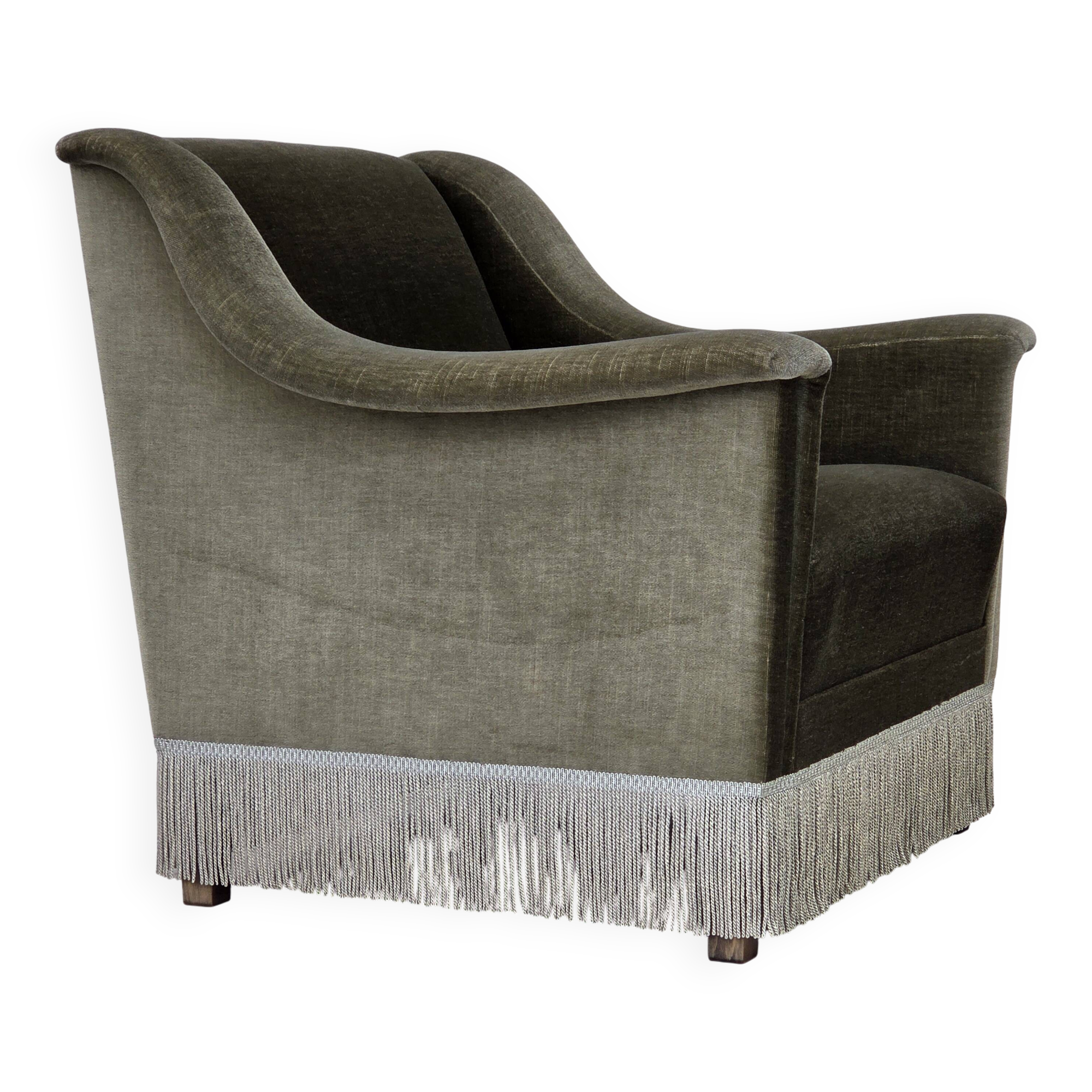 1970s, Danish armchair, original green furniture velour, beech wood.