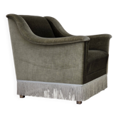 Fauteuil danois des années 1970, velours vert d'origine, bois de hêtre.