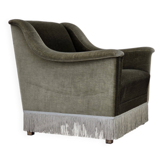 1970s, Danish armchair, original green furniture velour, beech wood.