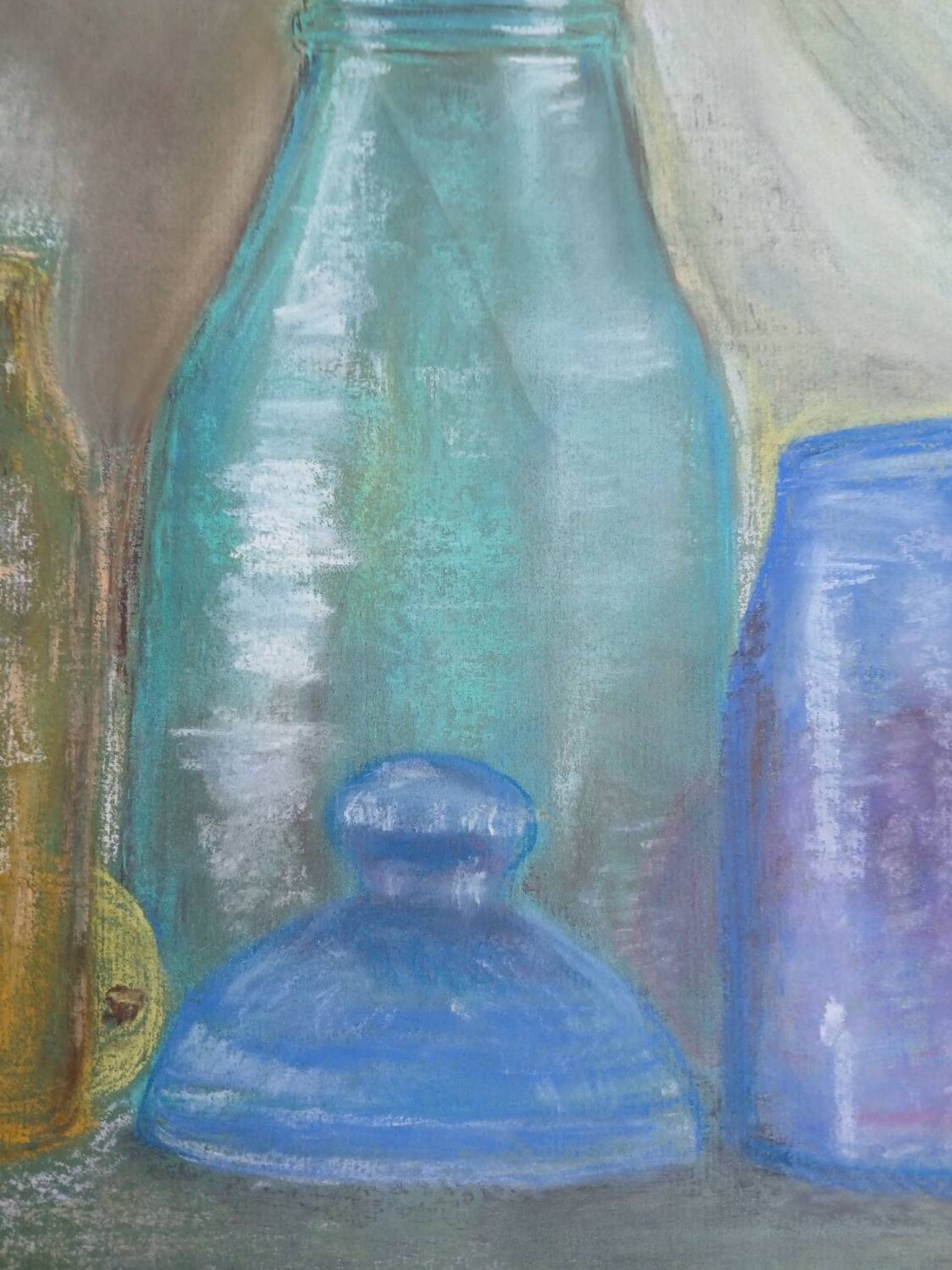 Dessin aux pastels bocaux et bouteilles