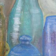 Dessin aux pastels bocaux et bouteilles