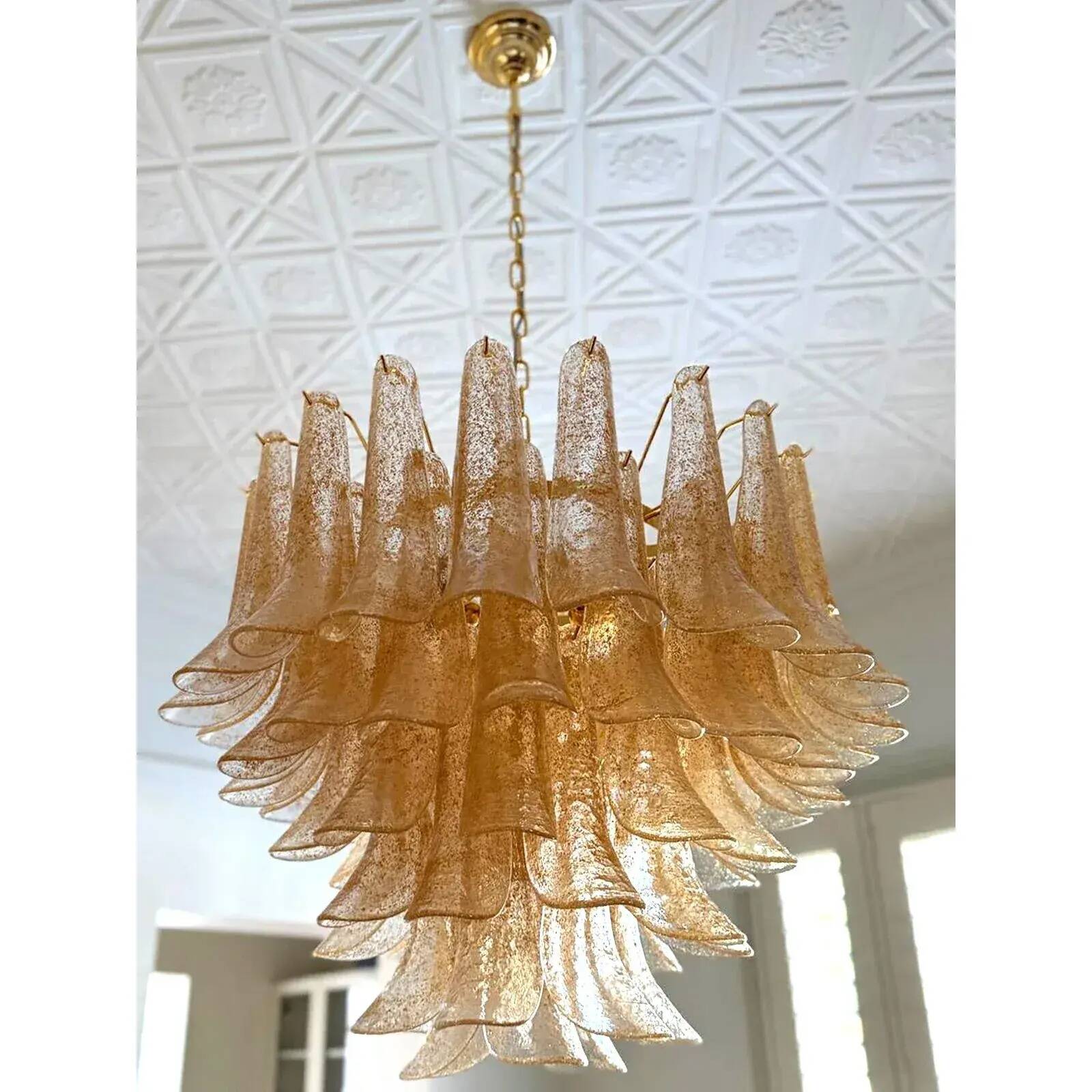 Modern Clear and Gold Murano Glass "Petals-Selle" Chandelier