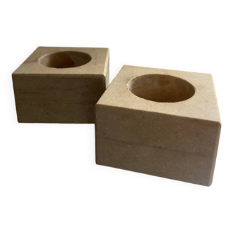 Pair of vintage travertine cube candlesticks from the 70s