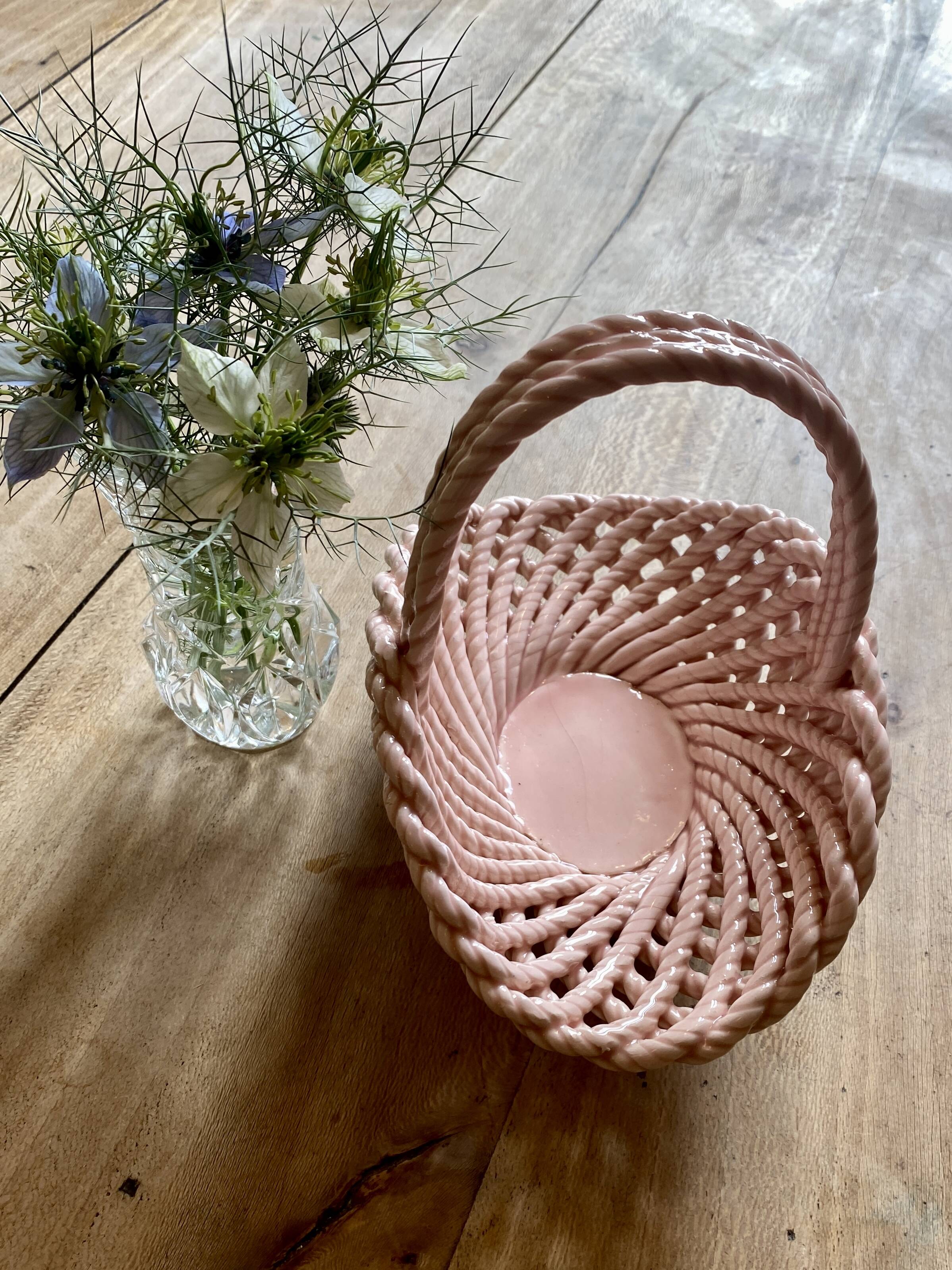Vintage pink woven ceramic basket