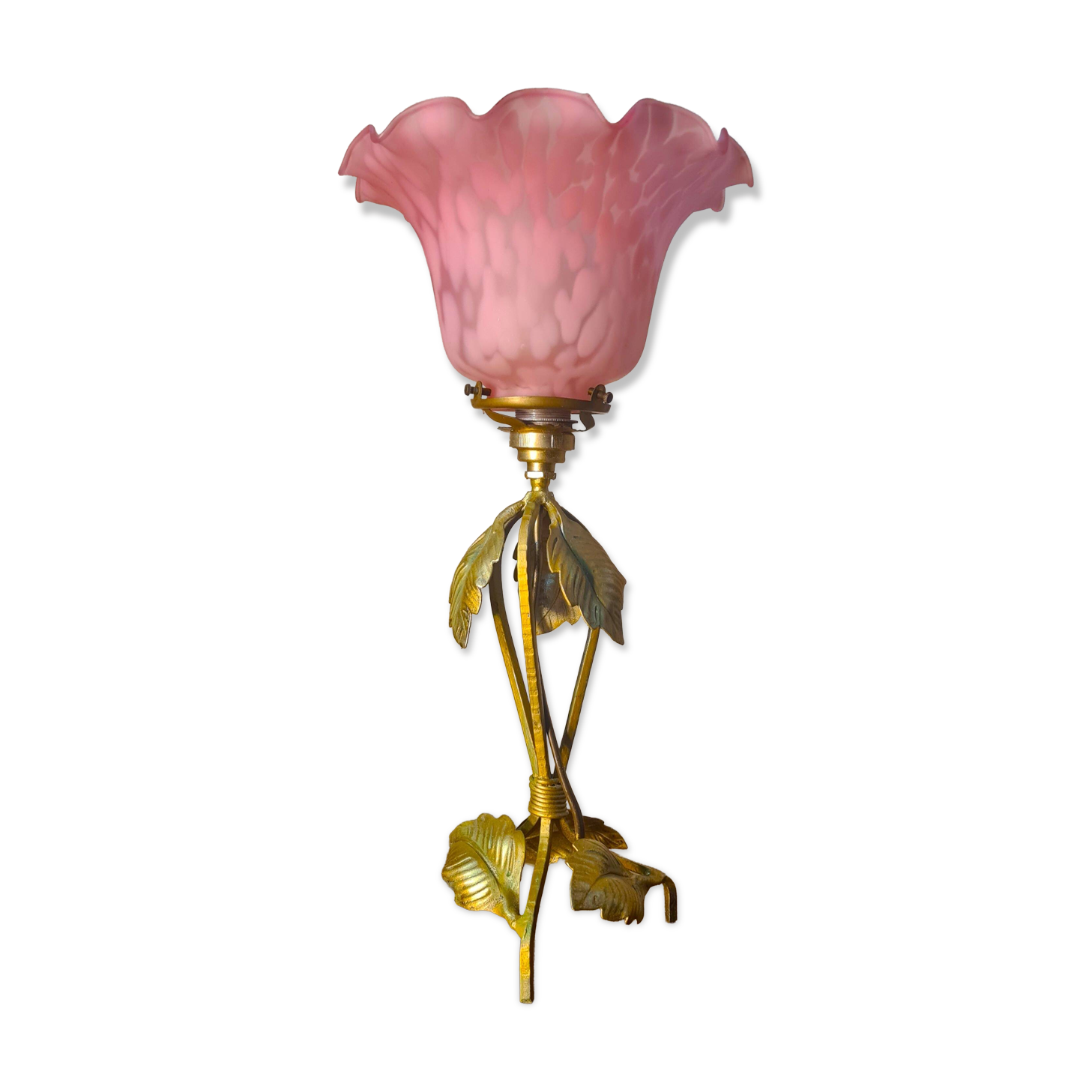 Lampe fer forgé patine bronze 1920 a 40 jolie tulipe pate de verre rose 36x