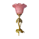 Lampe fer forgé patine bronze 1920 a 40 jolie tulipe pate de verre rose 36x