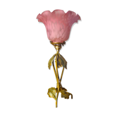 Lampe fer forgé patine bronze 1920 a 40 jolie tulipe pate de verre rose 36x