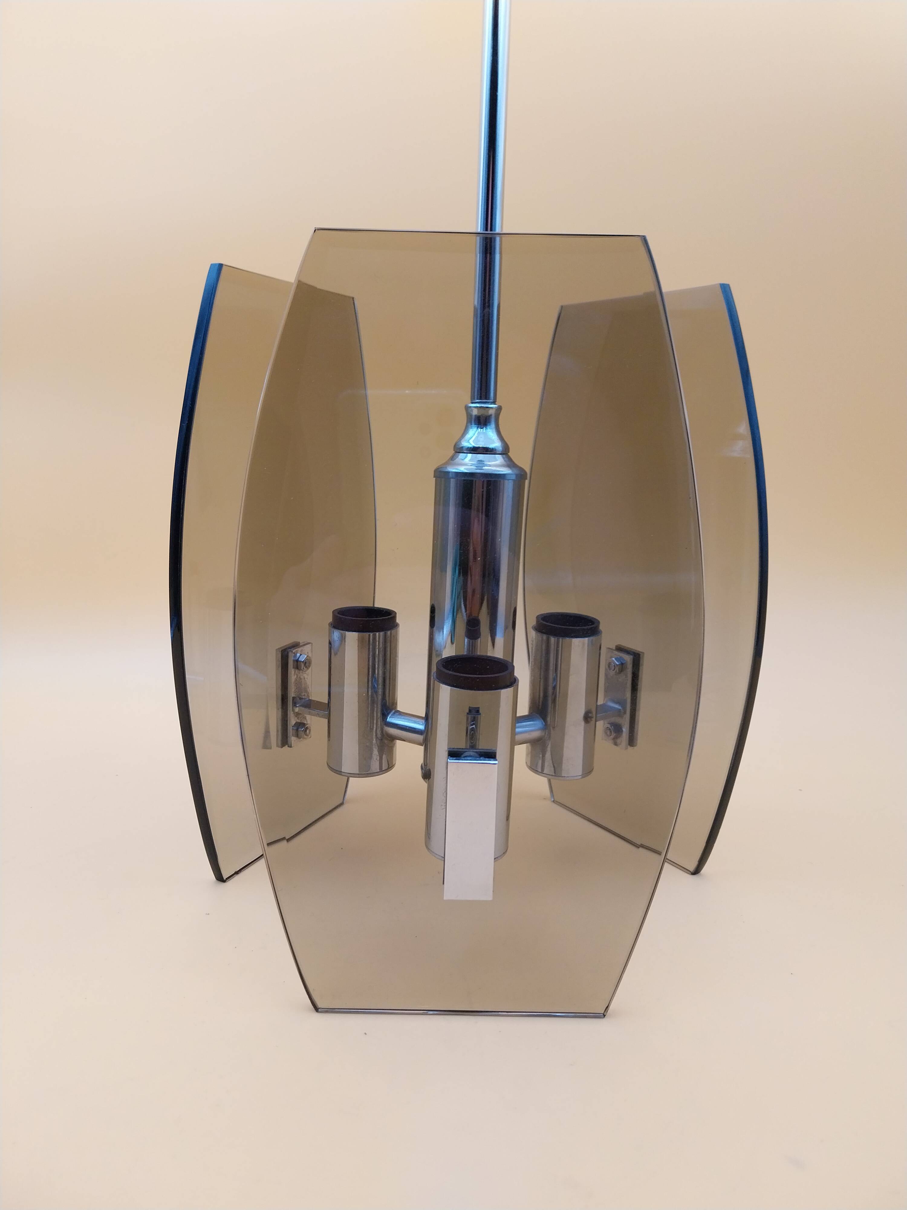 Chrome and smoked glass ceiling pendant from the 1970s.